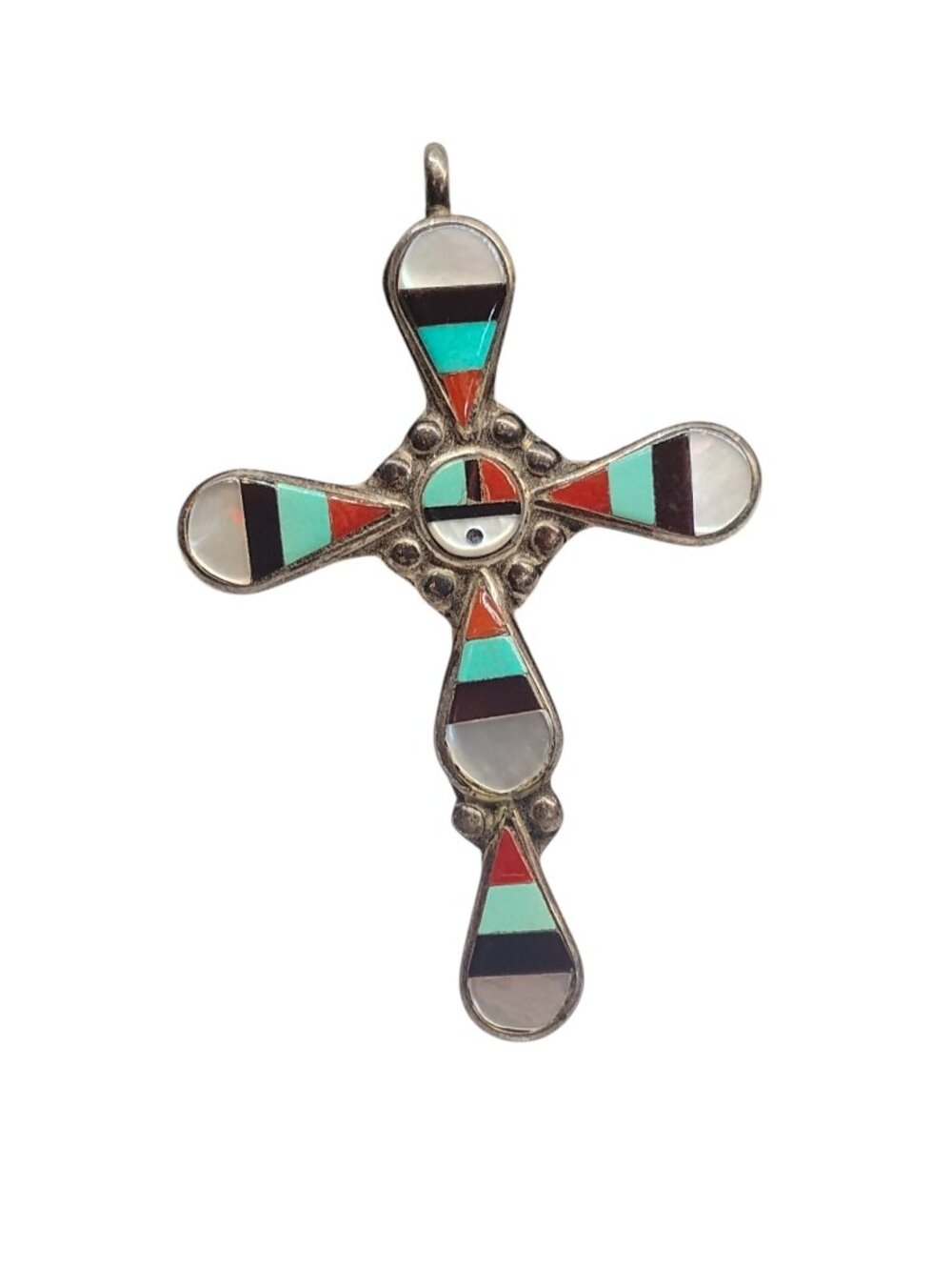Native American Zuni Multi Stone Inlay Cross Vintage Sterling Silver 925